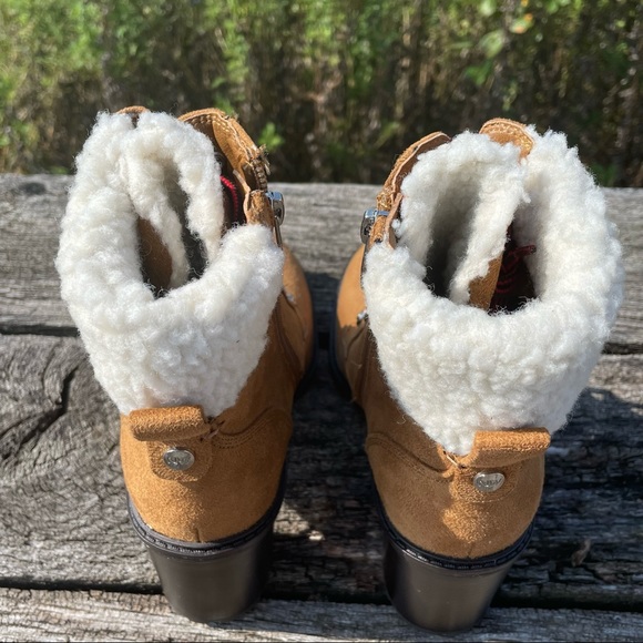 8 10 NWT Nine West tan chunk heel faux fur suede vegan moto combat boots - Picture 11 of 13